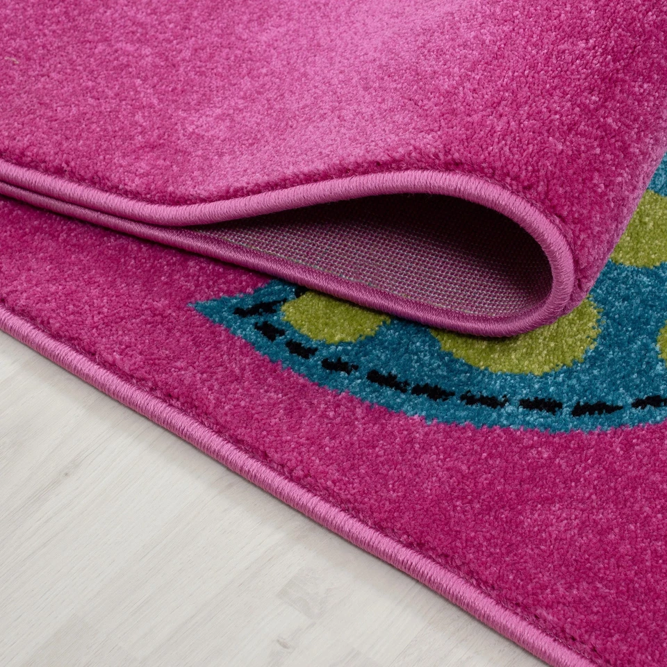 Kinderteppich Kinderzimmer Eulen Schmetterling Herz Muster Pink Gruen Blau Rot - Bild 3 von 4
