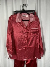 Kathryn Women Pajamas Button Up Long Sleeve Red Polka Dot Satin Size Large
