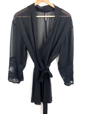 Dreamgirl Size L Black Chiffon Short Bathrobe Sheer Lace Sleeves