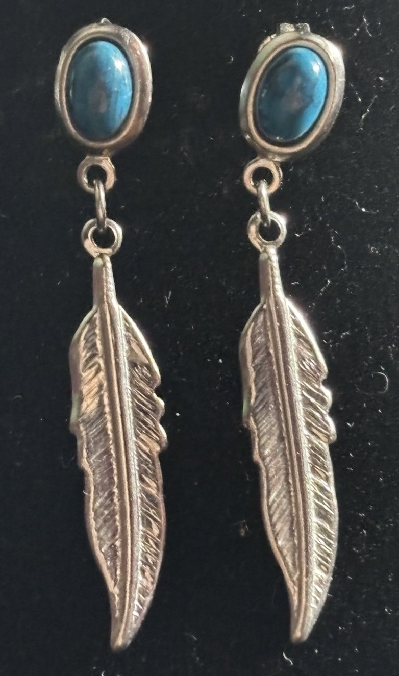 Silver Feather Dangle Earrings with Turquoise Sto… - image 1