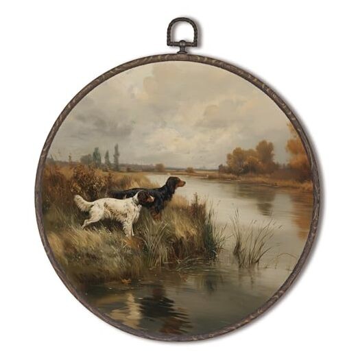  Vintage Hunting Dog Round Framed Wall Art Decor, Rustic 10"L x 10"W hunt dog