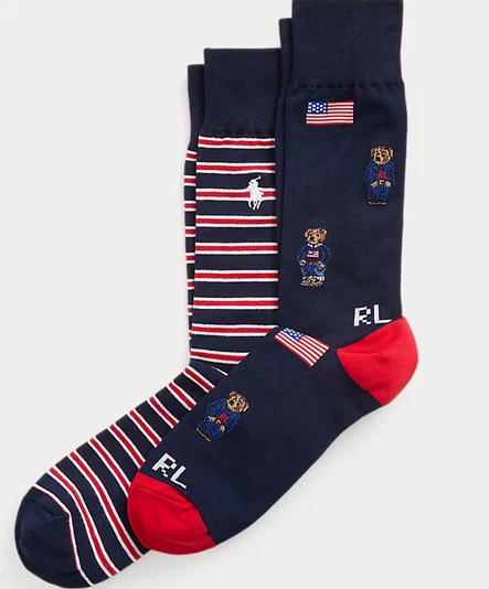 Polo Ralph Lauren Mens Americana Mini Bear 2 Pack Socks in Navy Sock Sz 13-16