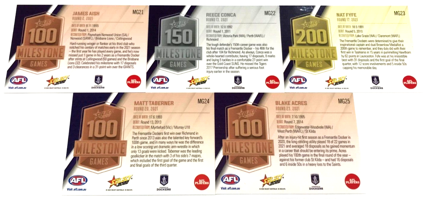 2022 SELECT AFL FOOTY STARS TRADING CARD MILESTONE GAMES TEAM SET