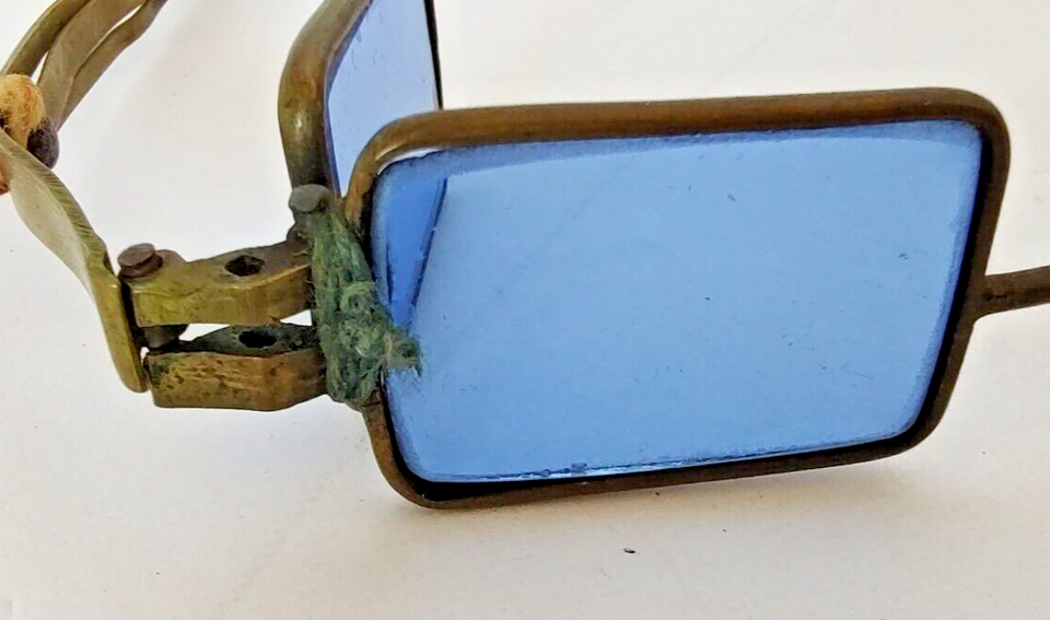 Antique Blue Glass Brass Rim Double Eyes Railway Rectangle Glasses