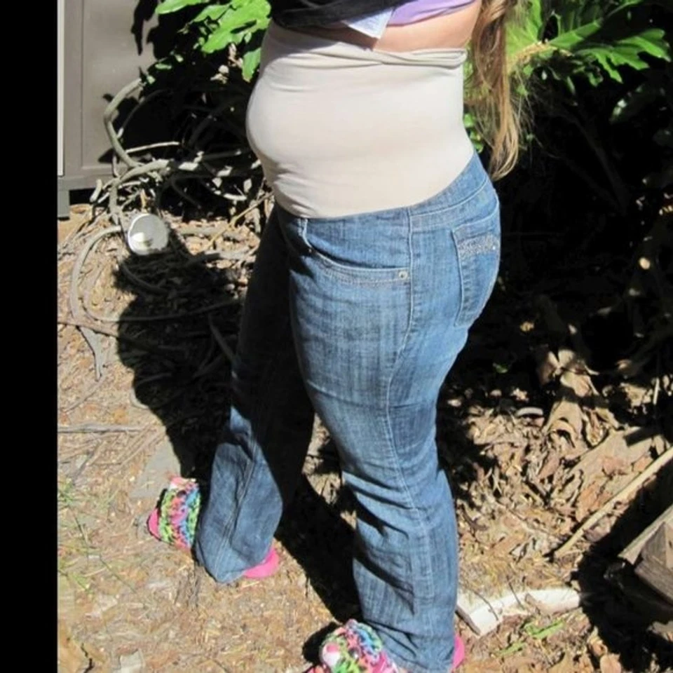 American Star Small Denim Blue Jean Maternity Pants Khaki Elastic Belly Band - Image 2 of 4