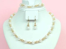 14k Yellow Gold Genuine White Pearls3pcs Set: Necklace,Bracelet,Earrings