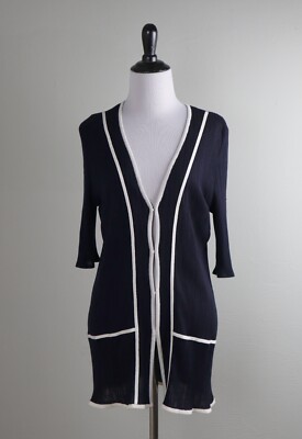 EXCLUSIVELY MISOOK $228 Navy Ribbed Knit Contrast Sweater Jacket Top Size Medium