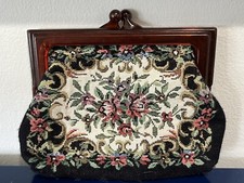 Black Floral Tapestry Petit Point Purse Lucite Bag Clutch Pink Green Vtg 50s 60s
