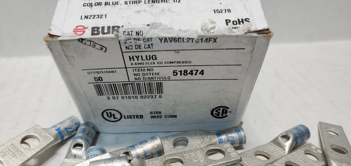 QTY 50 Burndy 518474 Copper Compression Lug YAV6CL2TC14FX QTY 50 Burndy 518474 Copper Compression Lug YAV6CL2TC14FX