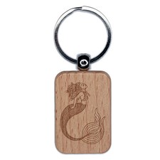 Mermaid with Dreadlocks Engraved Wood Rectangle Keychain Tag Charm