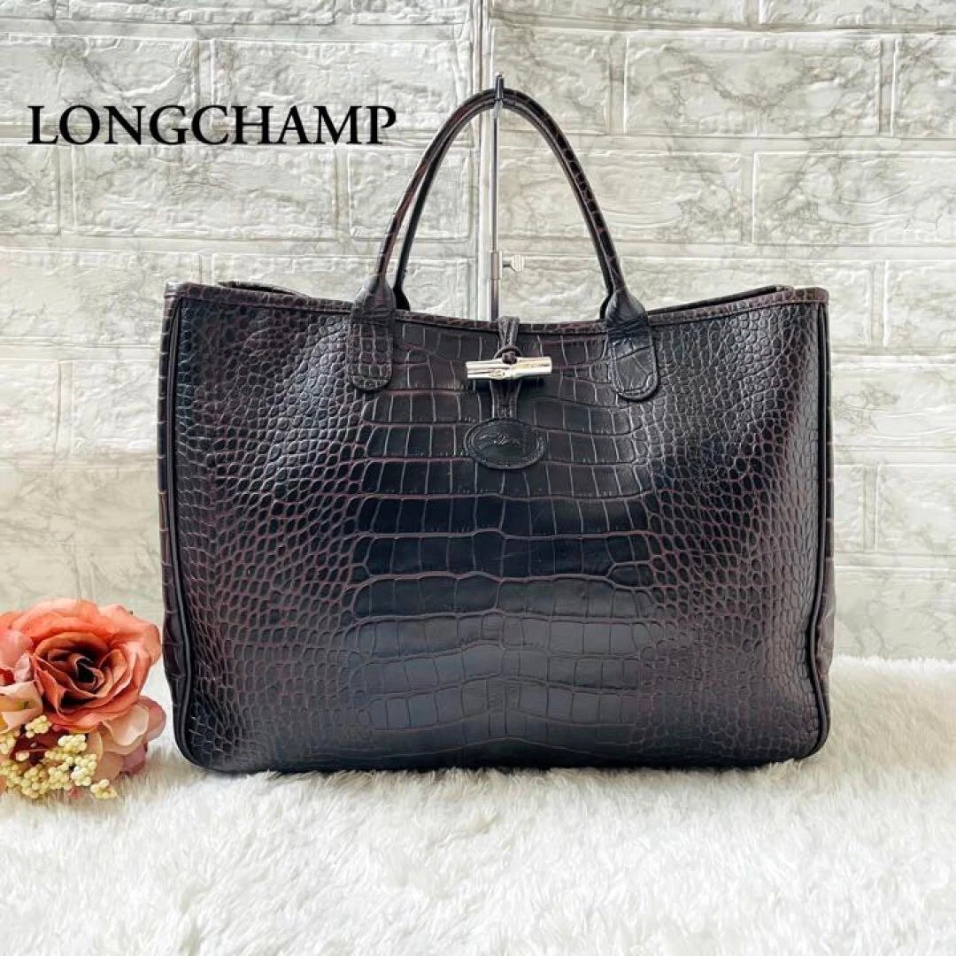 Longchamp Croco Embossed Semi Shoulder Bag Leather Dark Brown/1△B6 Women  Used