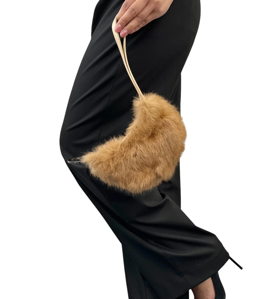 GUCCI Vintage Logo Fur Mini Bag Pochette Handbag Zip Camel Silver Silk - Image 3 of 4