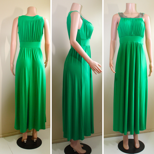 Sandiva Retro 70s M Maxi Cocktail Dress Green Stretch Poly Beaded Sleeveless Y2K - Picture 2 of 10
