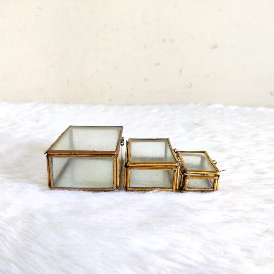 Antique Rectangulaire Laiton Verre Bijoux Boîte Bague Old Collection 3 Pcs GL244 - Photo 4/4