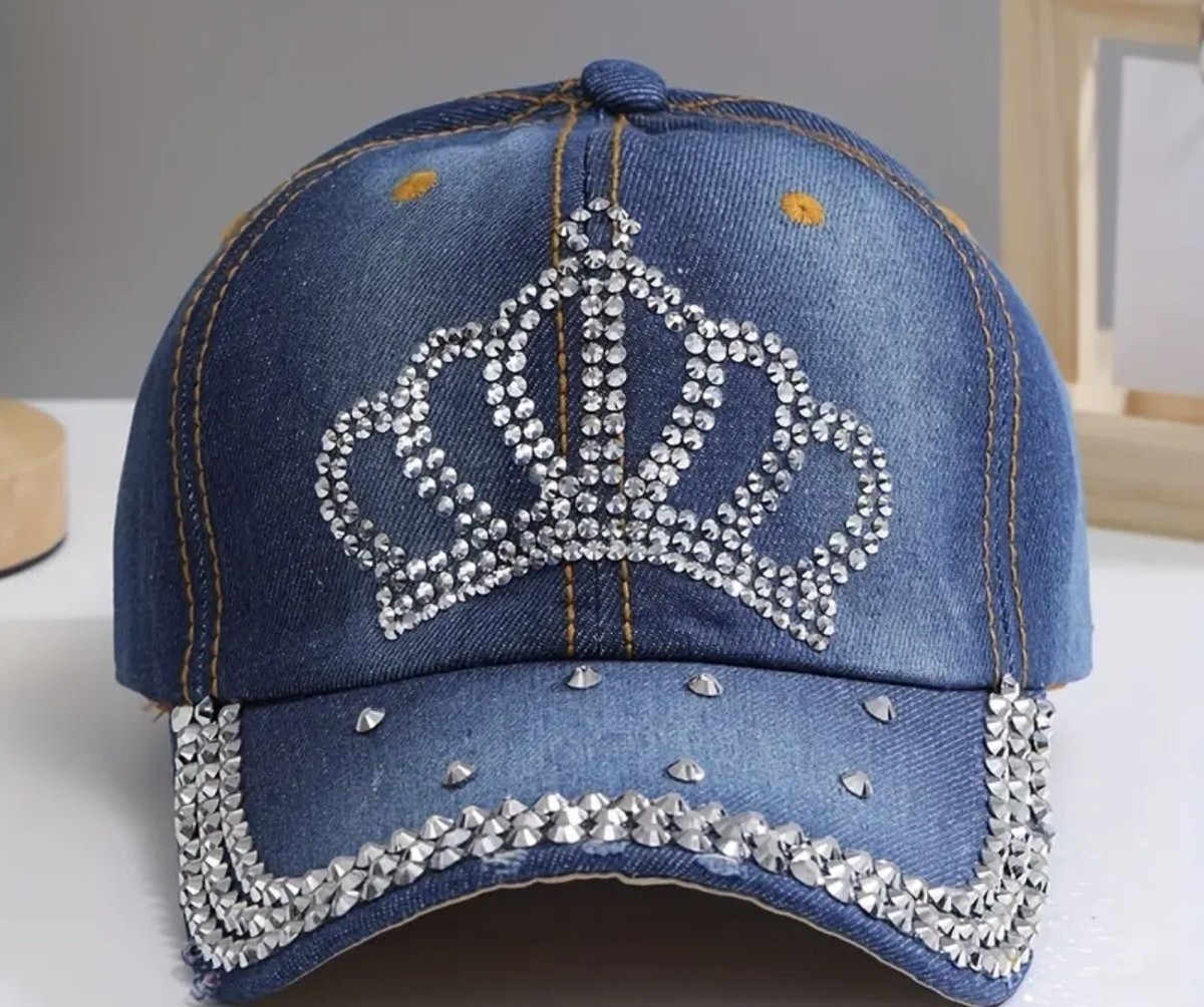 Embellished Crown Denim Cap Skull and Crown Denim Cap – Handbag Factory main image 2