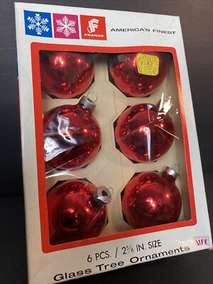 Box 6 VTG Red Mercury Glass Ball Christmas Ornaments Rauch Caps Franke Sons USA