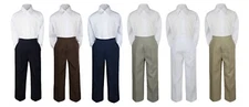 2pc Boy Baby Toddler Kid Formal White Brown Lt Gray Navy Black  Khaki Pants Set