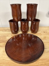 Vintage Hand Carved Wooden Cups With Tray