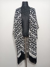 NWT Catherines Black White Sheer Woven Kimono with Fringe Size Plus OSFM