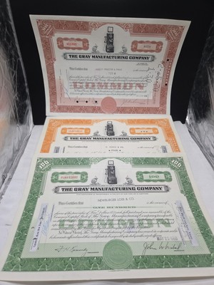 The Gray Manufacturing Company -3 Original Stock Certificates - 1960 Autographs 