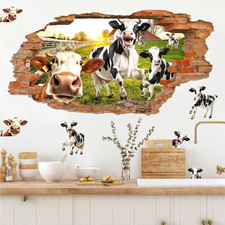 Farm Animals Wall Decals 3D Broken Wall Animal Stickers for Kitchen Funny Cow Ar