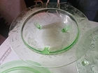 URANIUM GREEN etched Depression Footed Glass bowl 11” Diameter