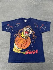 Vintage 90s Navy Blue Looney Toons Taz Devil Basketball Slam AOP Graphic Shirt