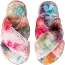 Women'S Slipper Memory Foam Cross Band Fuzzy Slippers Open Toe 7-8 Q-Multicolor
