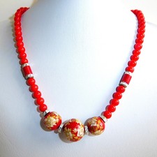 Vintage Necklace Red Beads including Floral White Rose Flowers and Gold Leaves