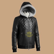 Men's Black Real Premium Leather Hoodie Handmade Genuine Lambskin Leather Hoodie