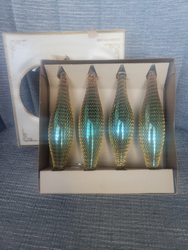 Vintage Shiny Brite Glass Christmas Ornaments 4 Blue Gold Tear Drop Original Box