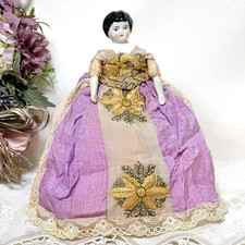 Antique German China Head Doll 16cm 6.3 in Bisque Doll w Beautiful Dress Me