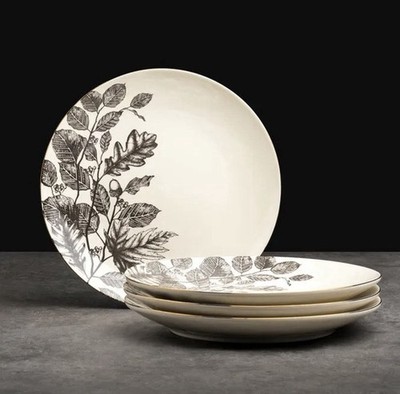 4 Thyme & Table Harvest Leaves 10 ½  Dinner Plates Gray-scale Ivory Gold NEW BOX
