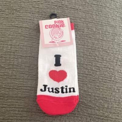 Pink Cookie I Love Justin Ankle Socks White Red Black Women's Size 9-11