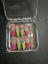 Pink Yellow Green 3D Flower Stiletto Press-On Nails Set, Long - SIZE L