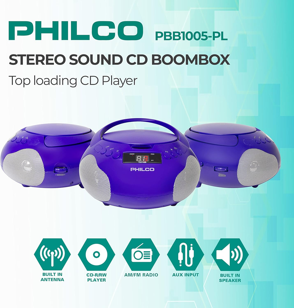Portable CD Player Boombox with Speakers and AM FM Radio | Purple