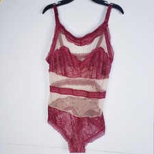 Fredericks of Hollywood Nude Net  Burgundy Lace Lingerie Bodysuit Size XL