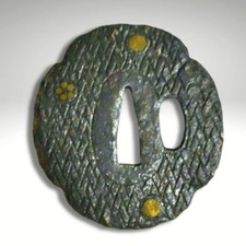 Antique Tsuba Edo Period Iron Gold Inlay Sakura Chrysanthemum Ajiro Pattern JPN