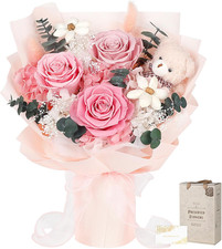 Preserved Flowers Bouquet with Bear, 3 Real Forever Flowers for Delivery, Long-L