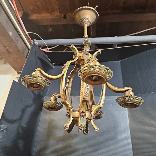 NICE Vintage 1920s Polychrome 5 LIGHT CHANDELIER floral Spanish revival
