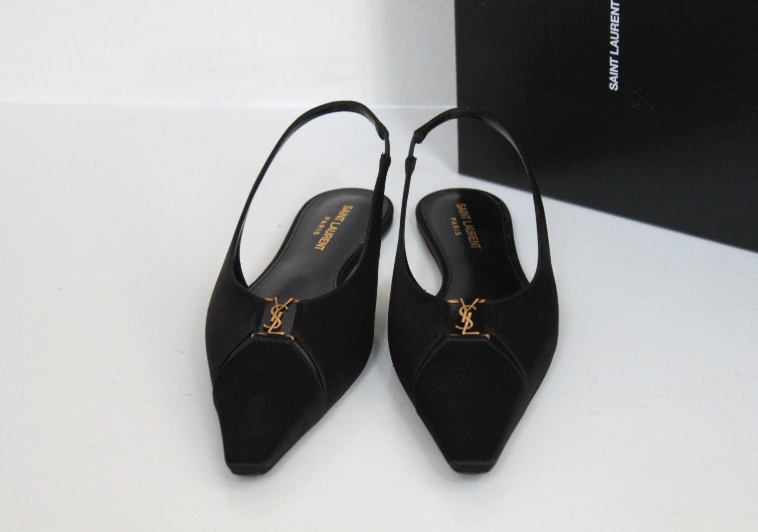 sz 7.5 / 38 YSL Saint Laurent Black Satin Babylone Slingback Ballet Flat Shoes thumbnail 3