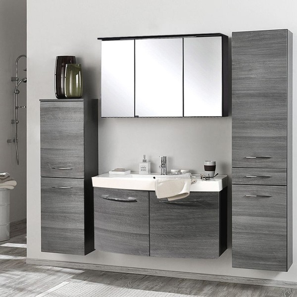 Komplett Badezimmer Set Eiche Grau 100Cm Waschtisch Led Spiegelschrank BadmöBel-image