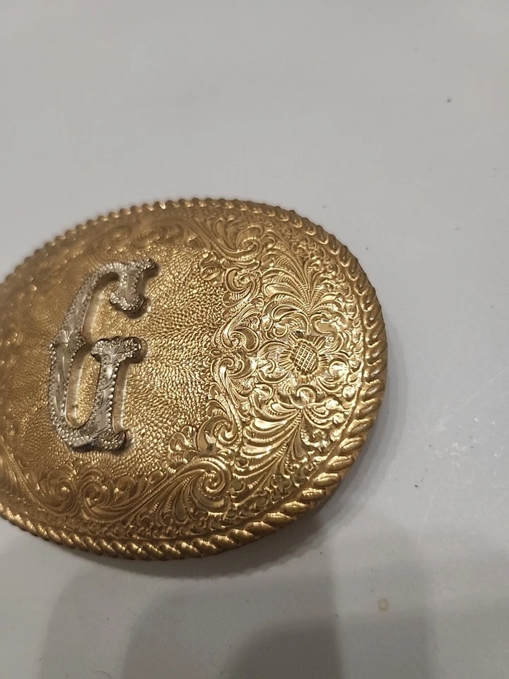 Vintage Crumrine Silver Gold Tone Brass Letter G Western Belt Buckle - Image 3 of 4