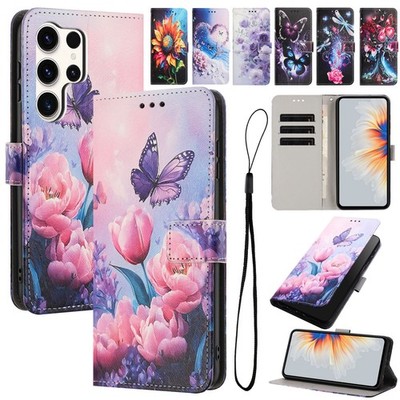 Fr Samsung S26 Ultra S25 S24 S23 Magnetic Wallet Card Patterned Strap Stand Case