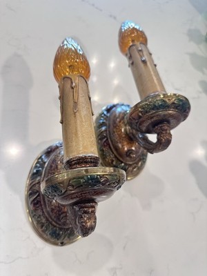 Antique 1930s Wall Sconces Polychrome Finish Pair