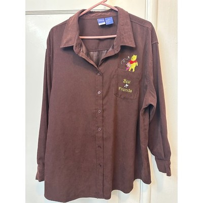 Disney Winnie the Pooh Bee Friends Brown Faux Suede Button Down Shirt Womens 2X