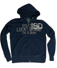 Vintage Lucky Brand Blue Long Sleeve Full Zip Hoodie Raised Graphics
