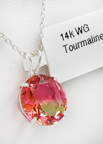 LAB CREATED 3.24 Cts TOURMALINE PENDANT 14k WHITE GOLD - New With Tag in Box