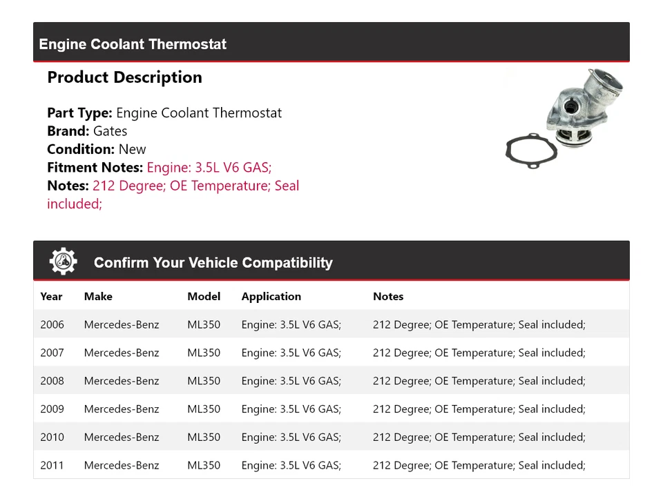 Для 2006-2011 Mercedes-Benz ML350 3,5 л V6 газовый двигатель охлаждающая жидкость термостат ворота - Изображение 2 из 4