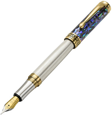 Xezo Maestro 925 Sterling Silver/Pāua Abalone Med Fountain Pen, 18K Gold Plated.